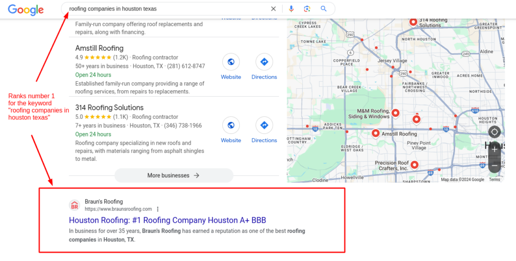 Exploring the seo results of Braun's Roofing Company