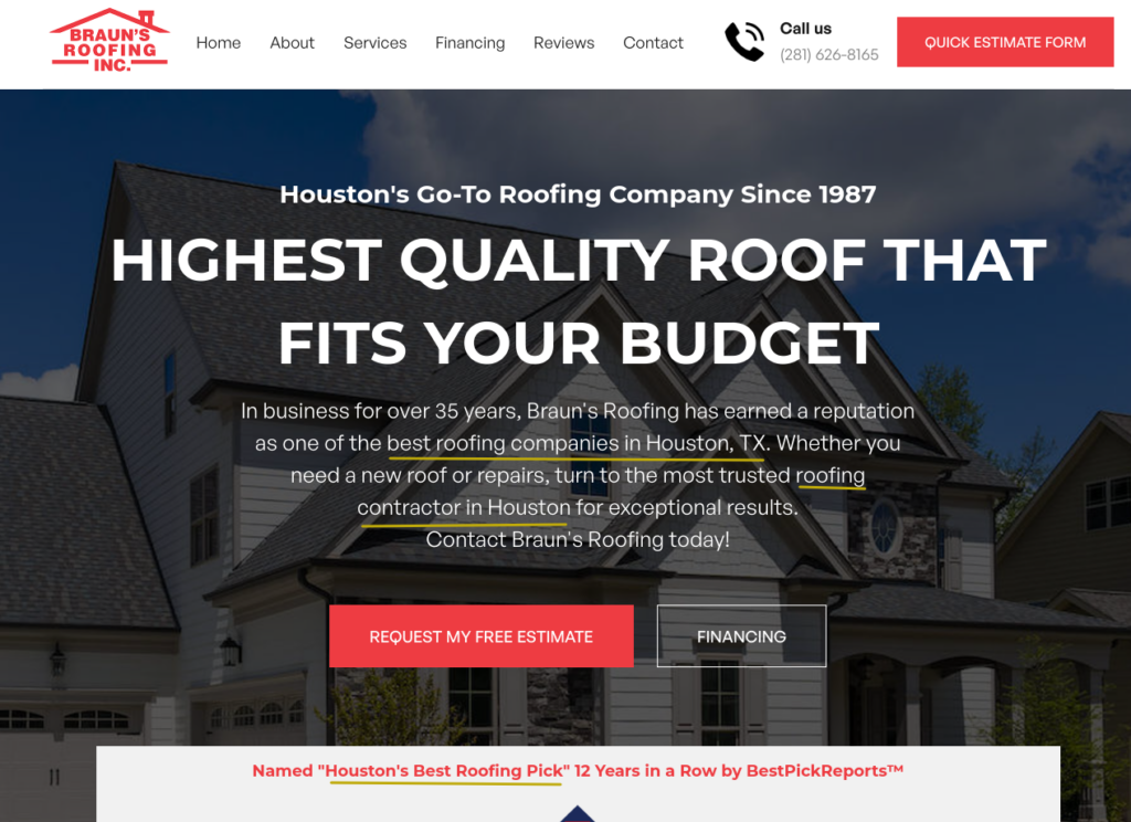 Braun's Roofing use keywords wisely on the landing page to rank higher