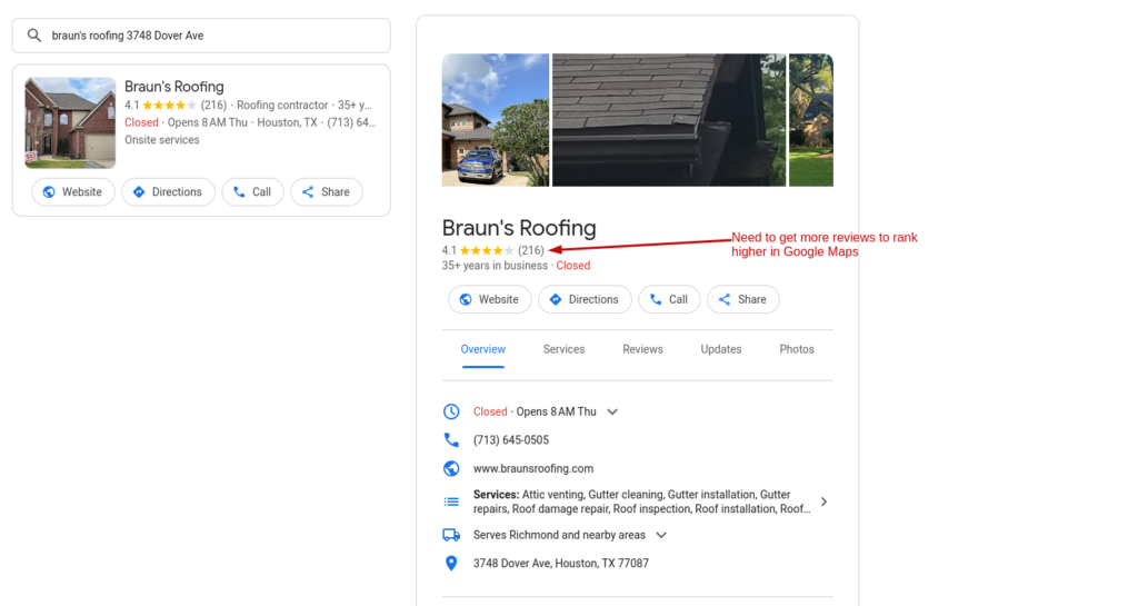 Analysing Google Business Profile of Braun's Roofing